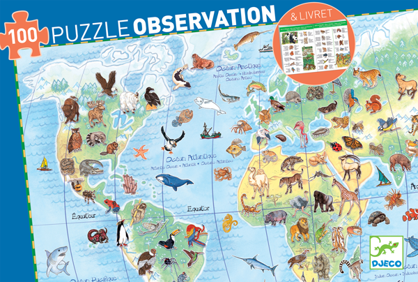 Puzzles observation Animaux du monde 100pcs+livret-FSC MIX Djeco