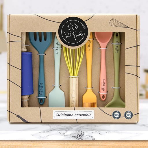[LPF_7usten] Lot de 7 ustensiles de cuisine en silicone platine pour enfants Les P'tits fouets
